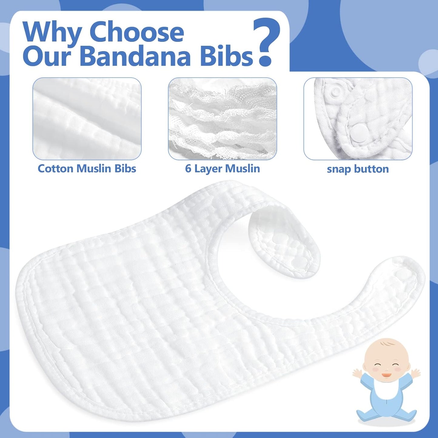 Reginary 30 Pack White Muslin Baby Bibs Bulk Adjustable 6 Layers Baby Bandana Drool Bibs for Boys Girls Newborn Cotton Soft Absorbent Muslin Burp cloth for Drooling and Teething