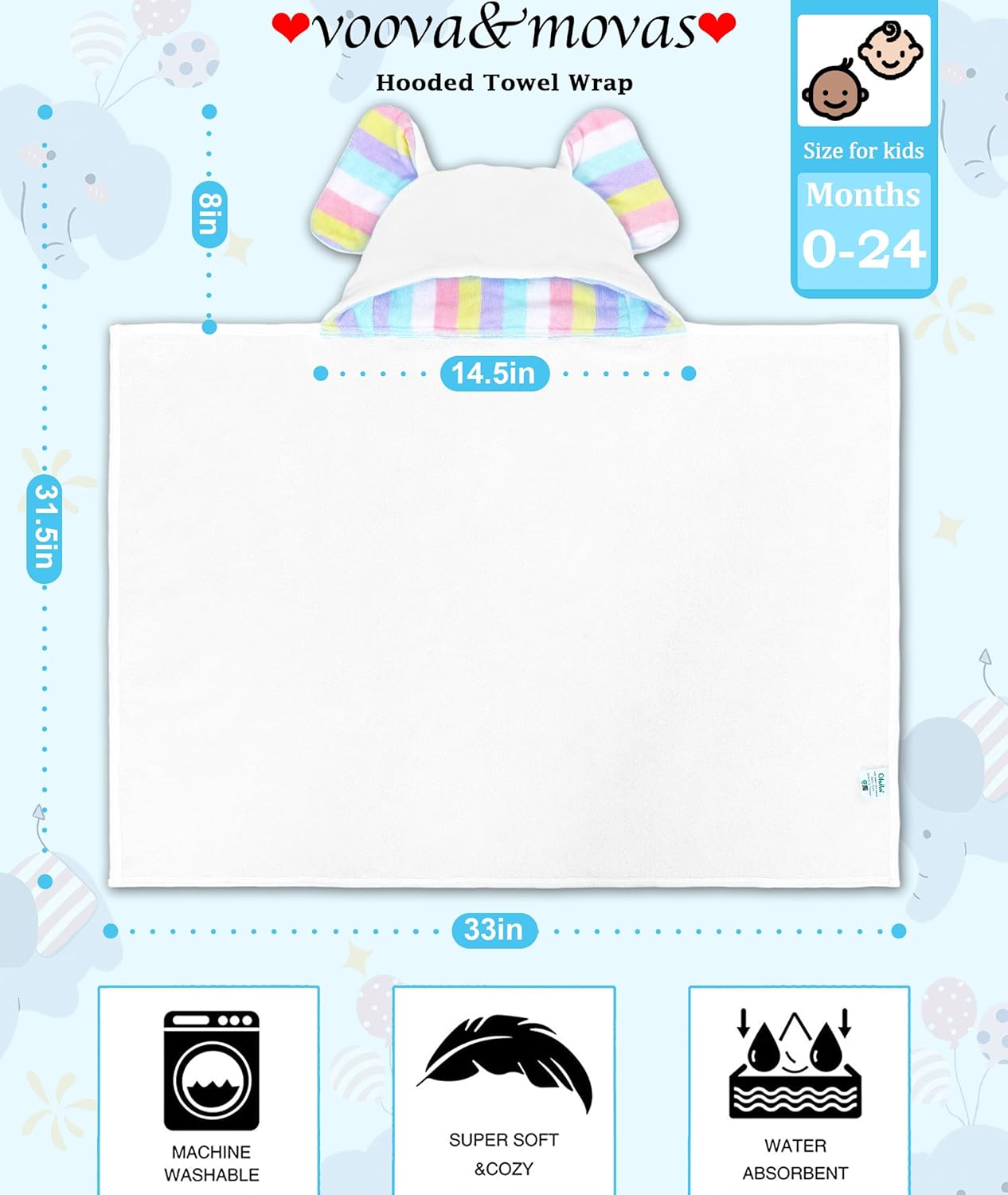 VOOVA & MOVAS Thick Baby Hooded Bath Towel - 100% Cotton,500GSM, 33x31.5 Inches,0-2Years, Super Absorbent Large Towel with Cute Elephant Ears Hood for Newborn, Baby, Infant, Baby Essentials,White