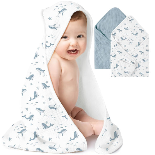Konssy 2-Pack Muslin Hooded Baby Towels, 100% Cotton, Ultra-Soft & Absorbent Baby Bath Towels with Hood for Newborn & Infant (Blue, Blue Whale, 32" x 32")