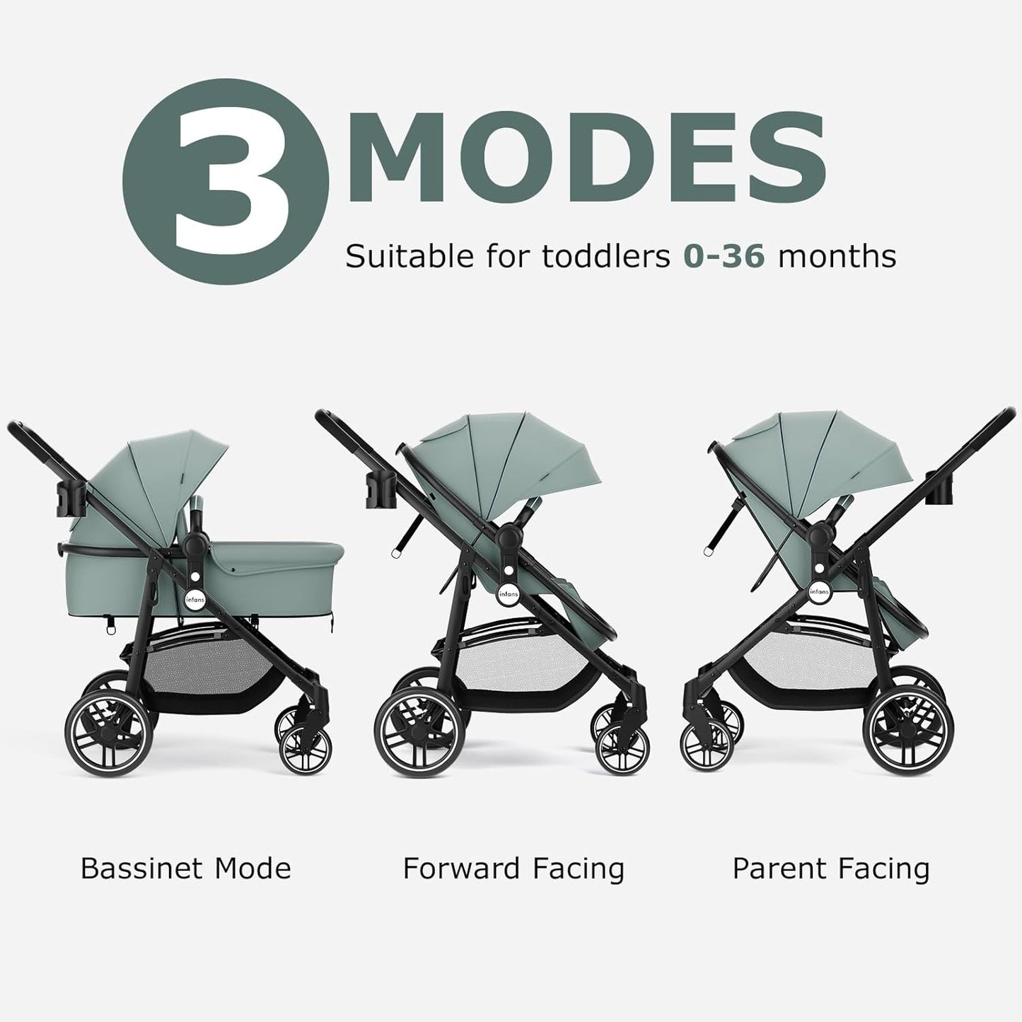 INFANS 2 in 1 Baby Stroller, High Landscape Infant Stroller & Reversible Bassinet Pram, Foldable Pushchair with Adjustable Canopy, Cup Holder, Storage Basket, Suspension Wheels (Green)