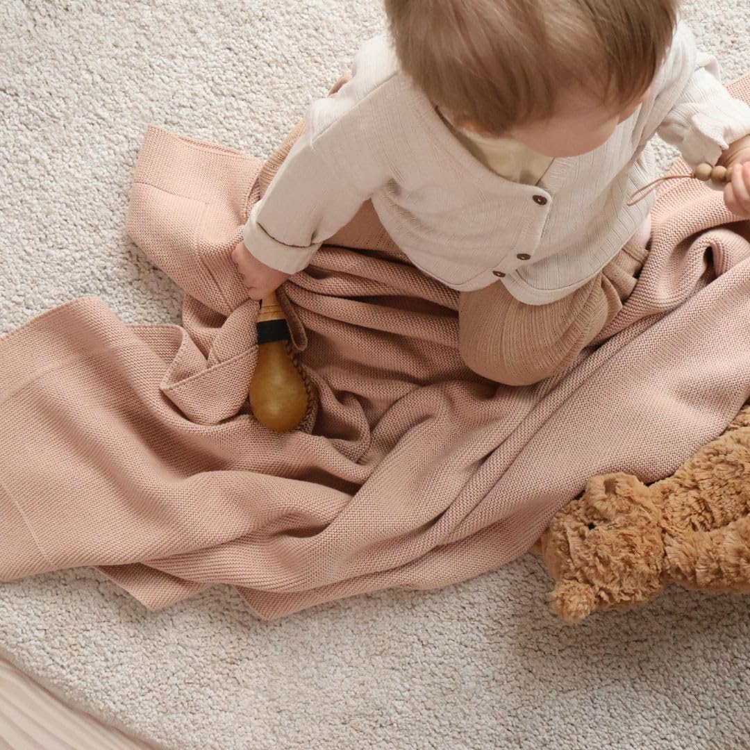 Knitted Organic Cotton Baby Blanket- Swaddle Blanket, 30" x 40" Soft Receiving Blanket for Newborn (Blush Ultra-Soft)