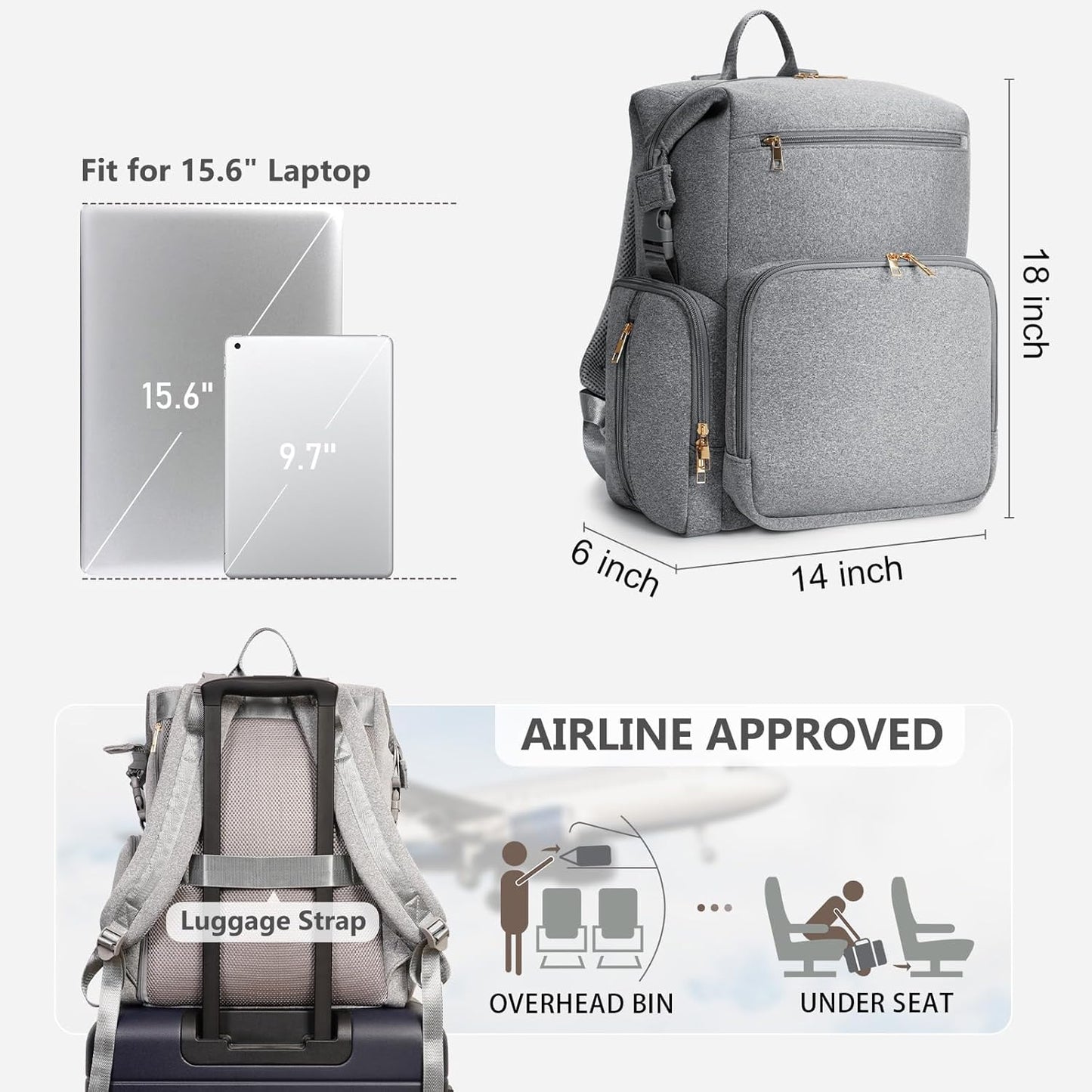 CEI-CEI Neoprene Diaper Bag Backpack with Insulated Pockets, Large Newborn Baby Maternity Bags Travel Tote with Changing Pad (Grey)
