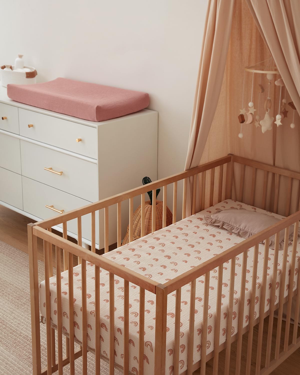 Blissful Diary Muslin Crib Sheets for Girl Boy, Boho Neutral Soft Cotton Baby Sheet for 52''x28'' Standard Crib Mattress, 2 Pack(Dusty Pink&Rainbow)