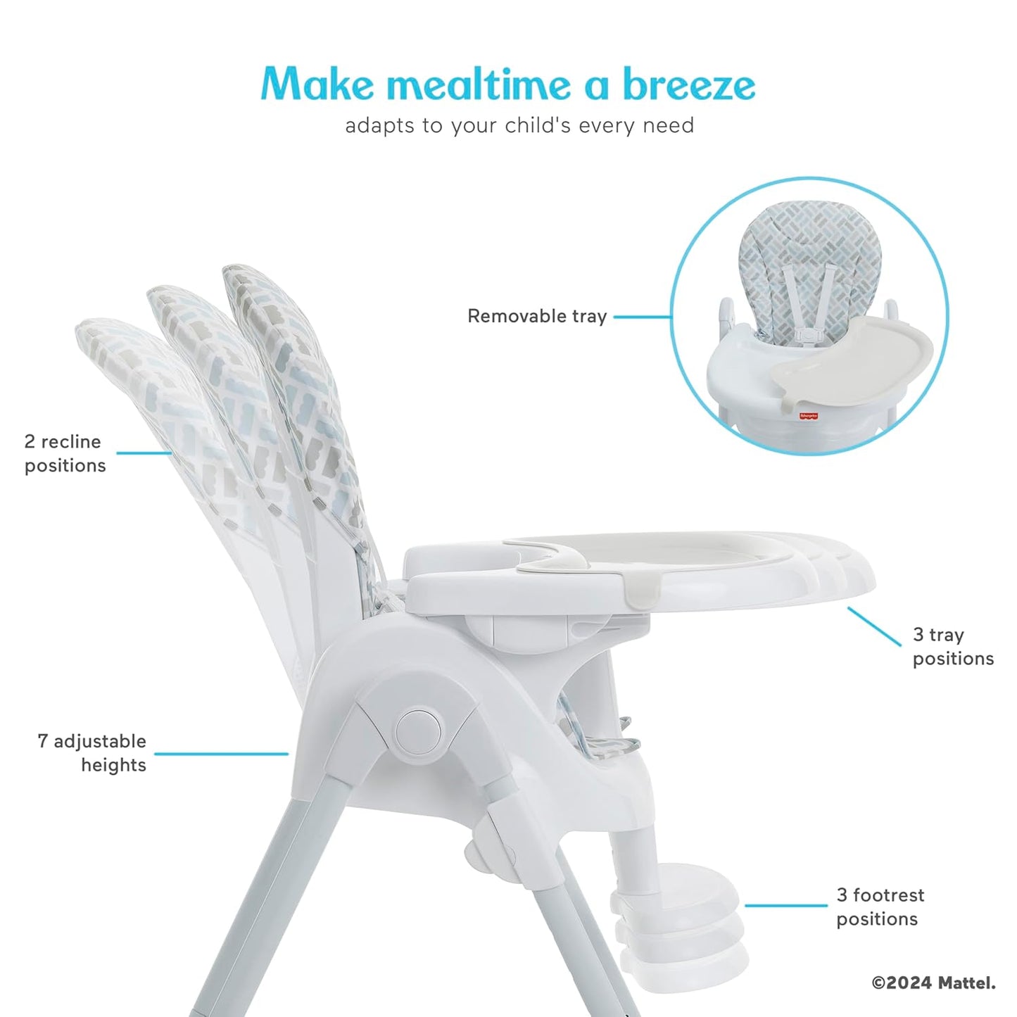 Fisher Price Tiny Bites Baby & Toddler Highchair – Cloud Grey, One-Click Folding, 7 Adjustable Height Levels, 2 Recline Positions, Removable Dishwasher-Safe Tray, Lightweight, Space-Saving
