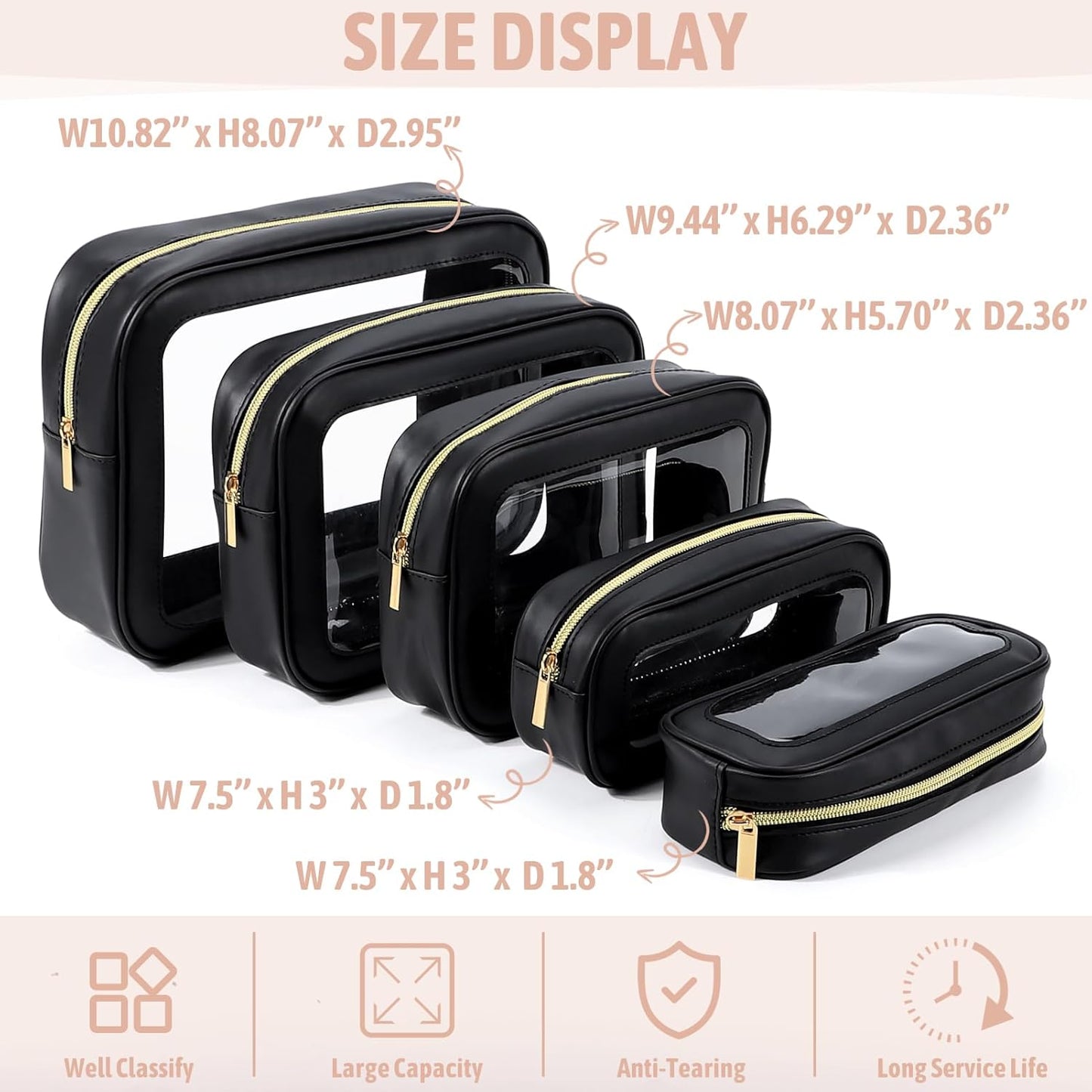 5PCS Diaper Bag Organizer Pouch Set, TSA Approved Toiletry Bag，Clear Waterproof TPU Makeup Bag Set Travel Organizer Bags for Women and Kids