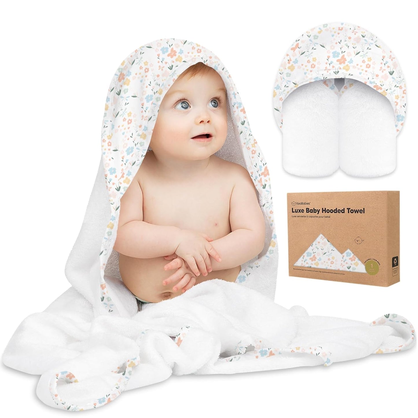 KeaBabies Hooded Baby Towel for Newborn - Viscose Derived from Bamboo Large Baby Bath Towels with Hood for Boys, Girls, Toddler, Extra Absorbent & Soft Newborn Bath Essentials (Wildflowers, Regular)
