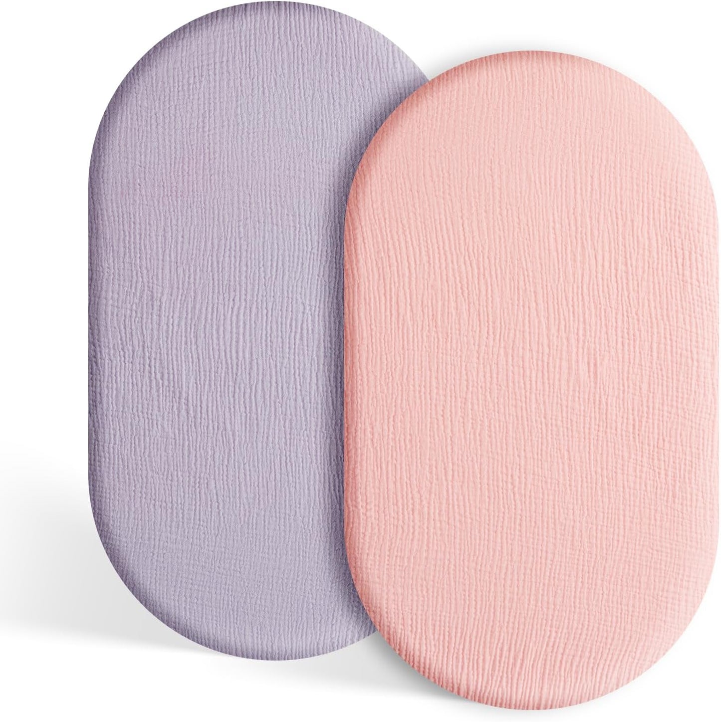 TILLYOU Muslin Bassinet Sheets Girls Boys, 100% Cotton Bassinet Sheets, Fit Oval, Rectangle and Square Mattress, 2 Pack，Light Purple&Light Pink