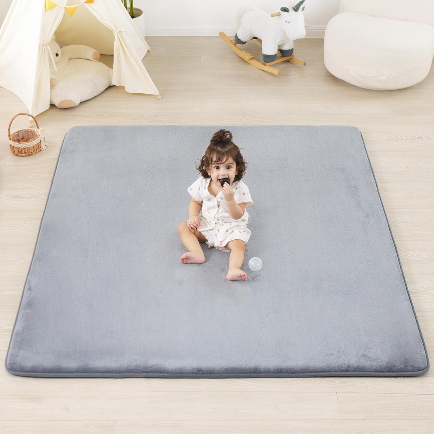 1.3" Thick Baby Floor Play Mat 50x50, Basic Padded Foam Mat for Tummy Time Crawling, Non Slip Cushioned for Babies Toddlers Infants Kids (Light Grey)