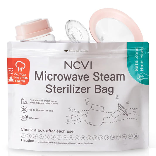 NCVI Microwave Steam Sterilizer Bag for Baby Bottles 8 Count(160 Uses), Large Reusable Travel Sterilization Pouches, Disinfection Container for Baby Teether, Pacifiers and Breast Pump Accessories
