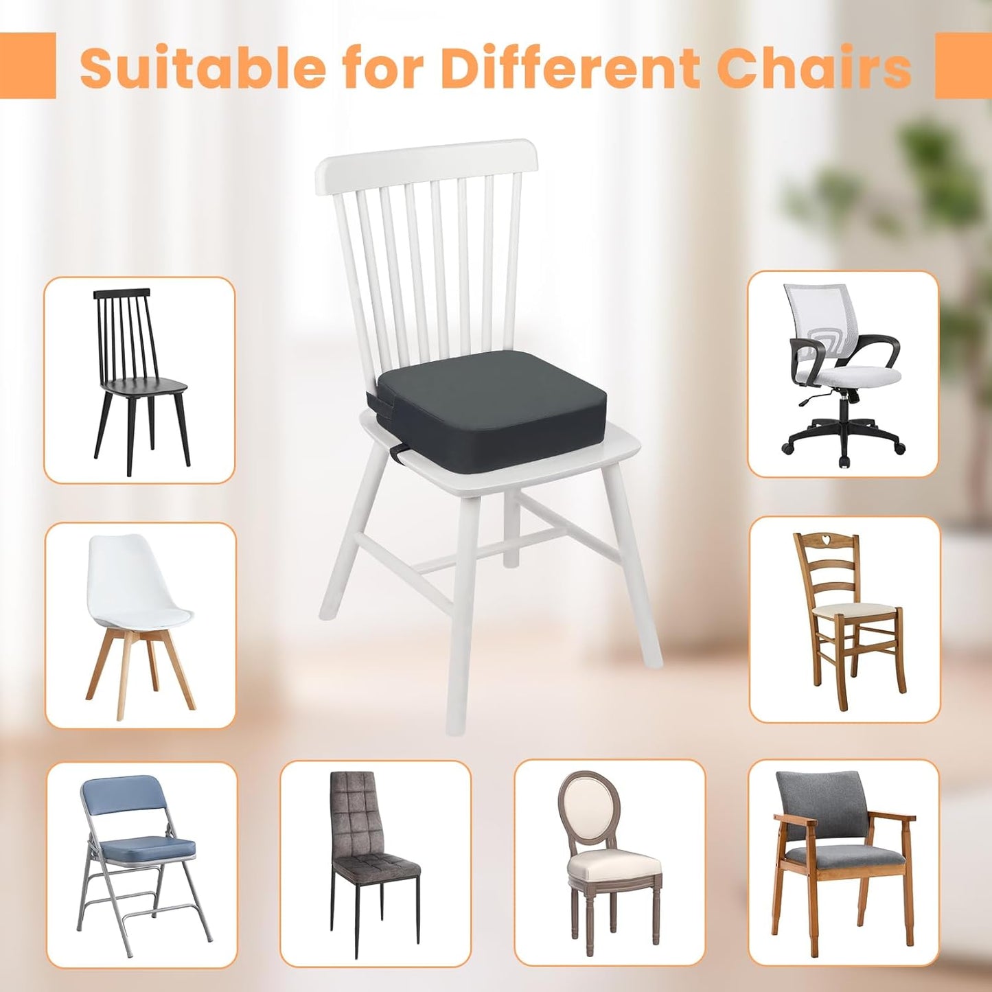 Toddler Booster Seat for Dining Table, Kids Booster Seat for Kitchen Chair with Non-Slip Bottom, Portable Detachable Washable Increasing Cushion with 2 Adjustable Straps (Grey)