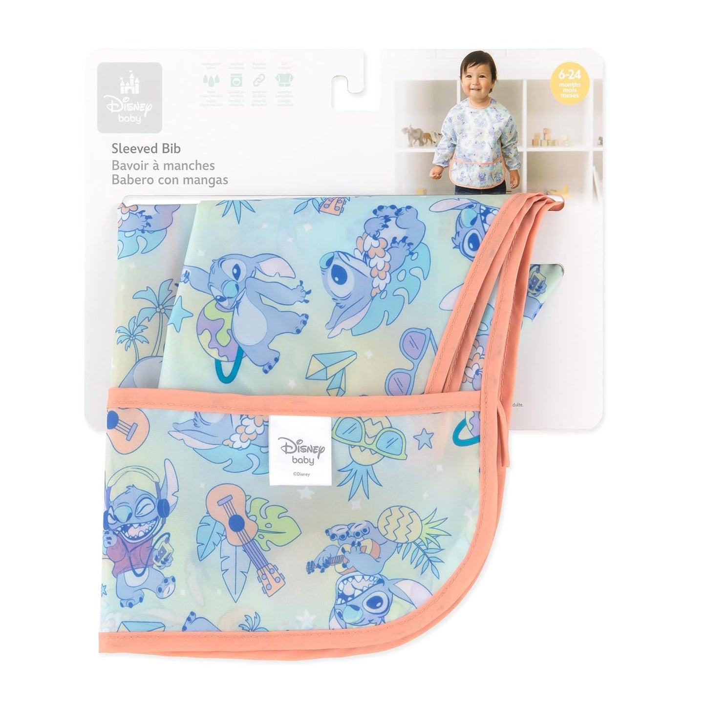 Bumkins Disney Sleeved Bib for Girl or Boy, Baby and Toddler for 6-24 Mos, Essential Must Have for Eating, Feeding, Baby Led Weaning Supplies, Long Sleeve Mess Saving Food Catcher, Aloha Stitch