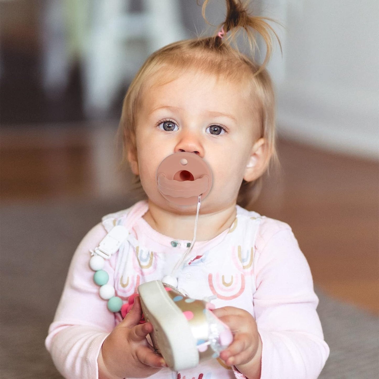 Soother Pacifier,Food Grade Silicone Pacifiers with Handle & 3 Holes for Added Safety, BPA Free, 4-Pack (Muted x2 / Apricot x2)