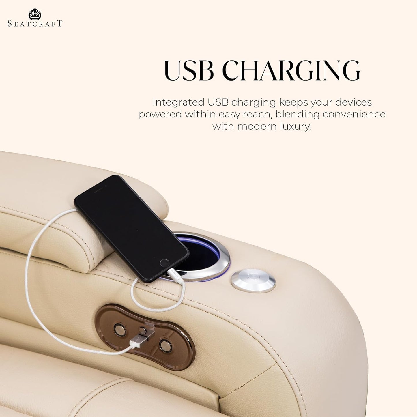 Seatcraft Serenity Leather Home Theater Seating - Living Room - Power Recline - Tray Tables - in-Arm Storage - Ambient Base Lighting and Lighted Cupholders (Row of 2, Cream)