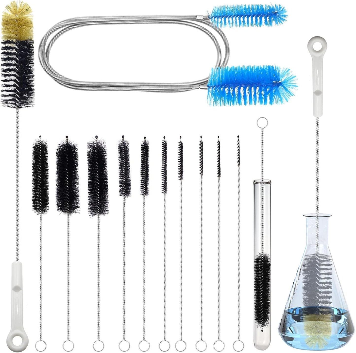 12 Pack Glass Tube Pipe Cleaner Brush Set, for Cleaning Long Neck Bottle, Bent Glass Tube,17-inch Long Handle Brush,8.2-inch Different Diameters Brushes,35-inch Flexible Double Ended Cleaner