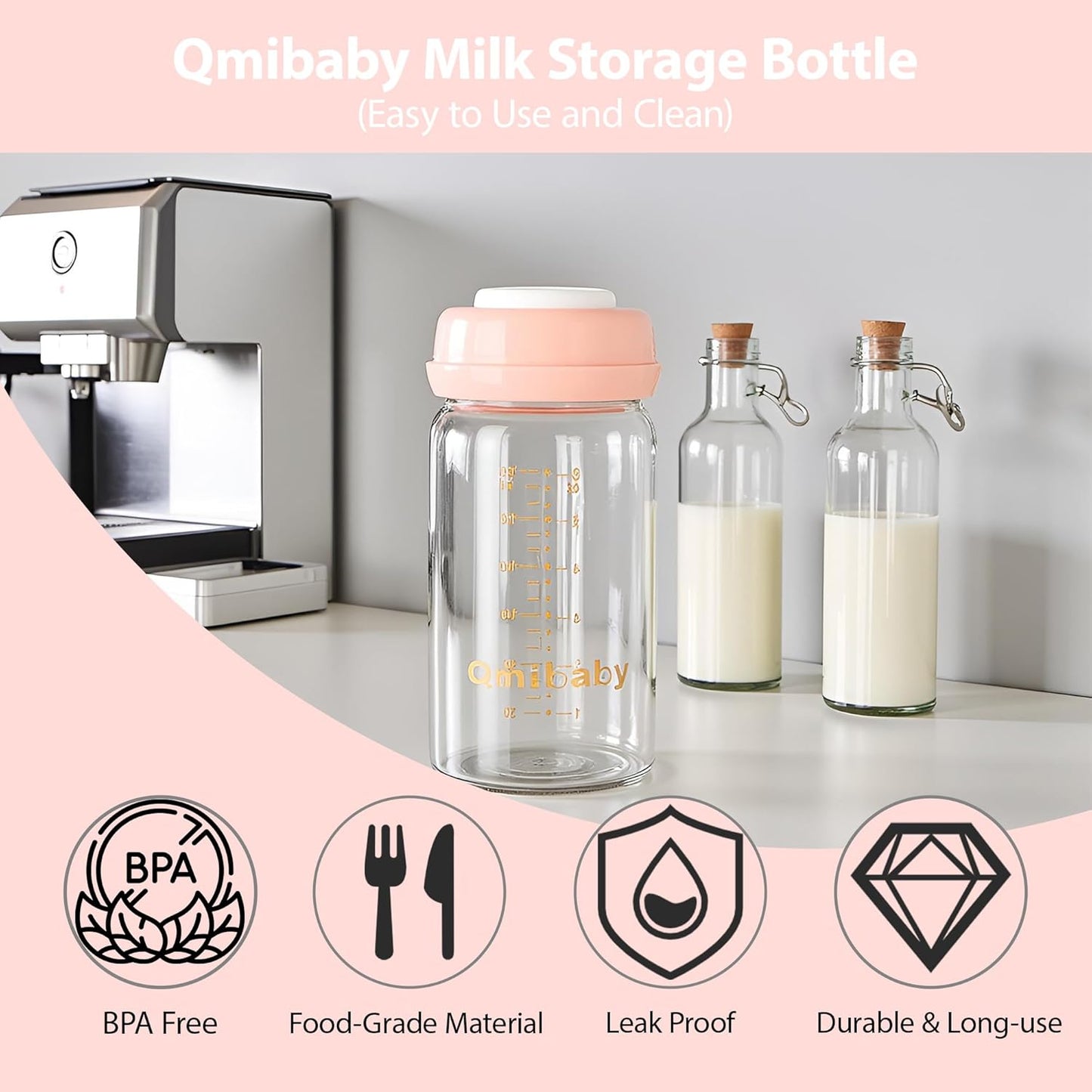Breast Milk Storage Bottles 180ml 6oz BPA-Free Leak-Proof Natural Baby Bottle for Breastmilk Storage Wide Neck Bottles with Screw Ring Sealing Disk Breastfeeding (Pink, 180ml-6Packs)