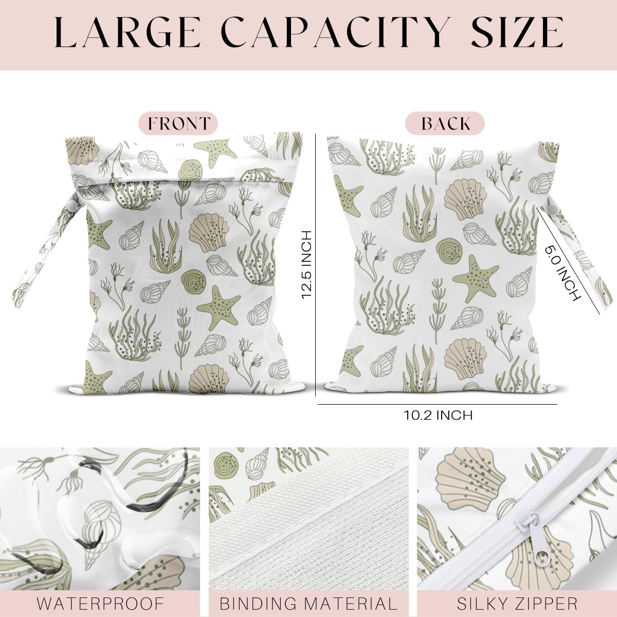 Wet Bag for Swimsuit, Beach Travel Essentials Wet Dry Bag, for Sunscreen Toiletry Dirty Clothes Yoga Gym Diaper, Friends Summer Beach Vacation Gifts. Starfish shells seaweed