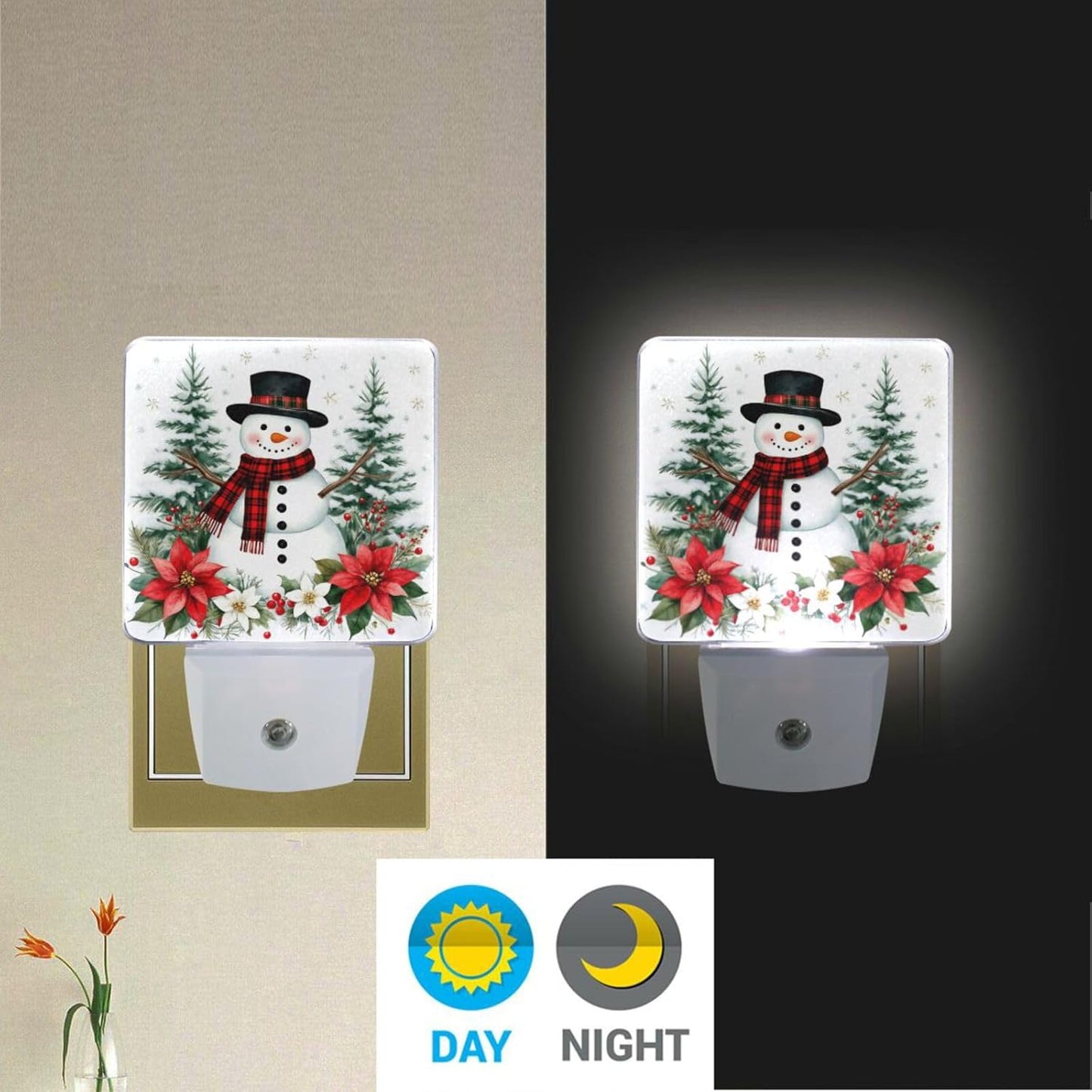 Aslsiy Night Light for Kids Snowy Forest Snowman Poinsettia (9) Plug in Wall Lamp LED Dusk to Dawn Sensor Energy Saving Nightlight for Boys Girls Men Women