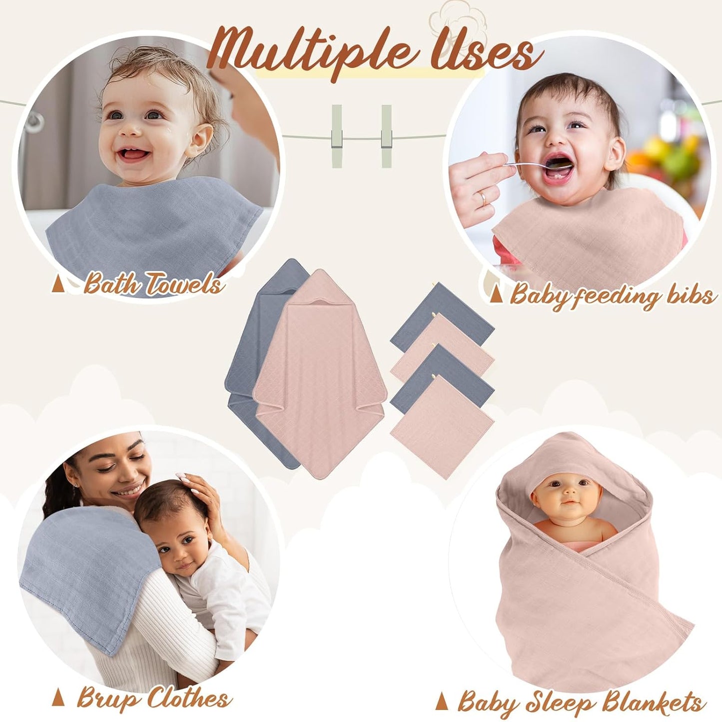 Preboun 6 Pcs Muslin Hooded Baby Towels and Washcloths 32"x 32" Cotton Newborn Bath Towel Anti-Shrink Infant Baby Blankets with Hood 12"x 12" Washcloths for Girl Boy Toddler(Blue,Light Purple)