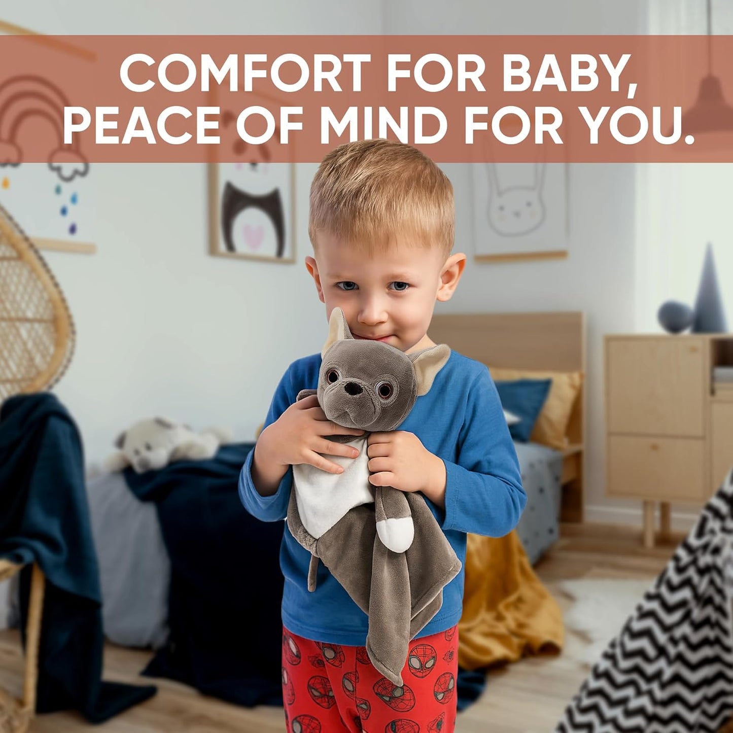 Baby Sleep Soother Taupe Bulldog Plush with Heartbeat & Lullaby Sounds, 4-in-1 Sound Machine, Security Blanket & Pacifier Holder, Baby Registry Essential & Christmas Gift for Newborns & Infants