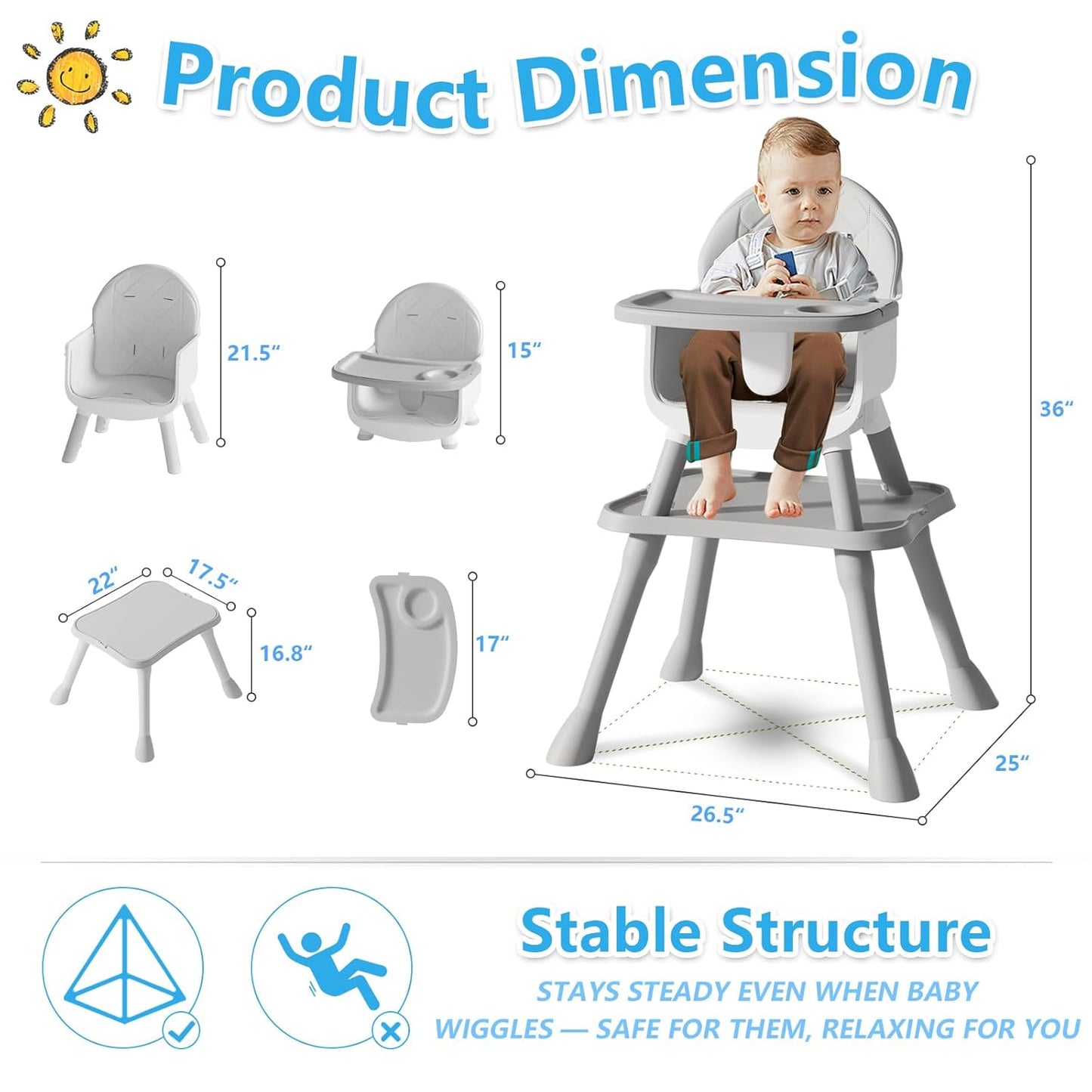 6 in 1 Baby High Chair for Babies and Toddlers, Booster Seat, Kids Learning Table & Chair (Grey)