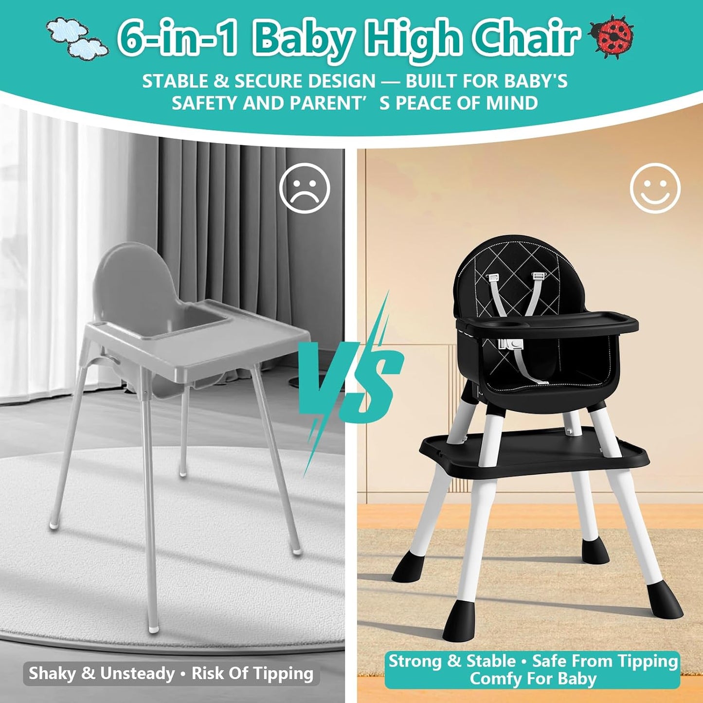 6 in 1 Baby High Chair for Babies and Toddlers, Booster Seat, Kids Learning Table & Chair (Black)