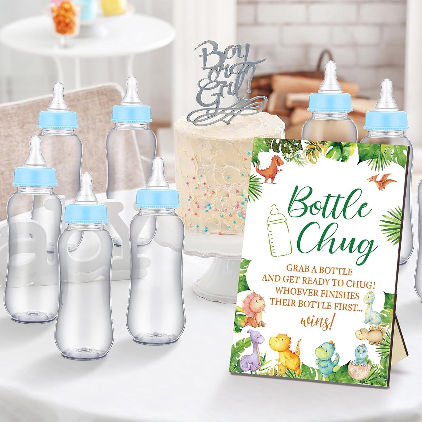 TrelaCo Dinosaur Cool Baby Shower Games Bottle Chug Sign Wooden Green Leaf Gift Sets Gender Reveal Party Favors and 12 Pcs Baby Bottle Shower Favor for Game Gender Reveal