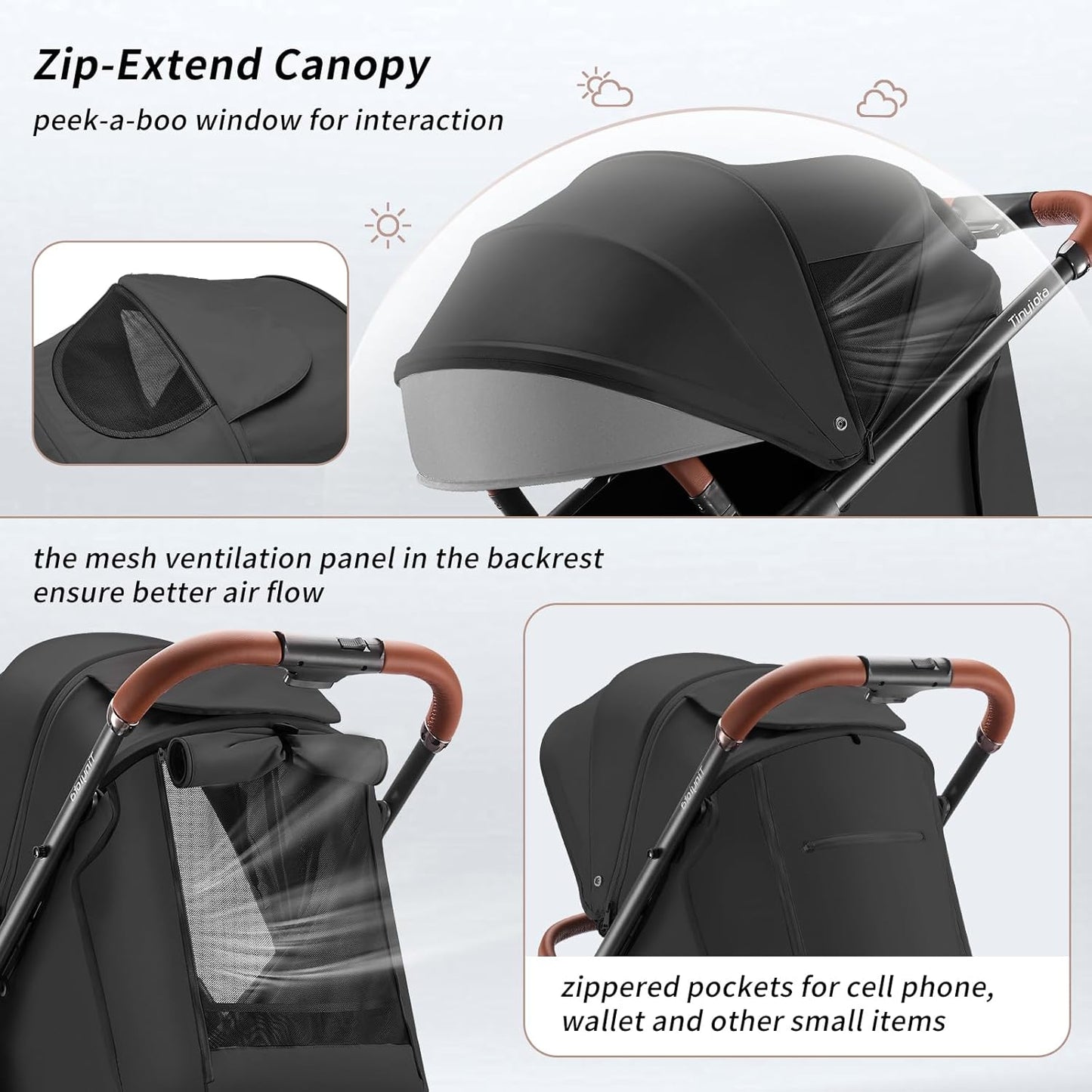 Tinyiota Baby Stroller for Kids,Toddler Stroller with Large UPF 50+ Canopy,Luxury Strollers with Leather Handle & Spacious Seat, One-Hand Foldable Pushchair,Baby Carriage with Lie-Flat Mode(Black)