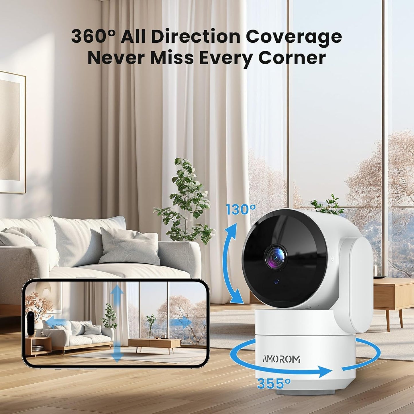 Indoor Camera for Home Security 360°, 1080p Pet Cameras with Pan&Tilt, Night Vision, Motion Detection, 2-Way Audio, Compatible with Alexa/Google Assistant, 2.4GHz WiFi, 2 Pack