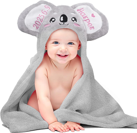 Custom Hooded Baby Towel with Name, Soft and Absorbent Customized Koala Toddler Towels, Baby Bath Towel for Boys and Girls, Easter Birthday Towel for Kids，Babies, Toddlers, Newborns Essential