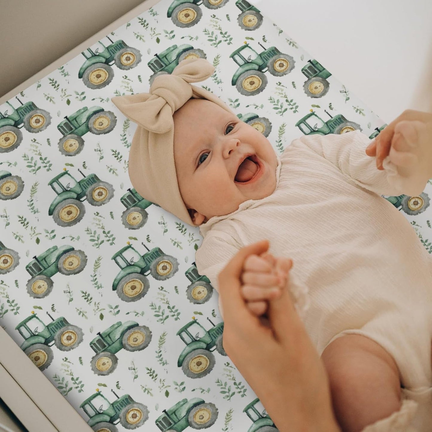 Watercolor Green Tractors Baby Changing Pad Covers for Boy Girl Farm Tractors Boho Leaves Fitted Change Table Mats Farm Life Soft Diaper Change Table Cover Sheets for 32''×16'' Contoured Pad
