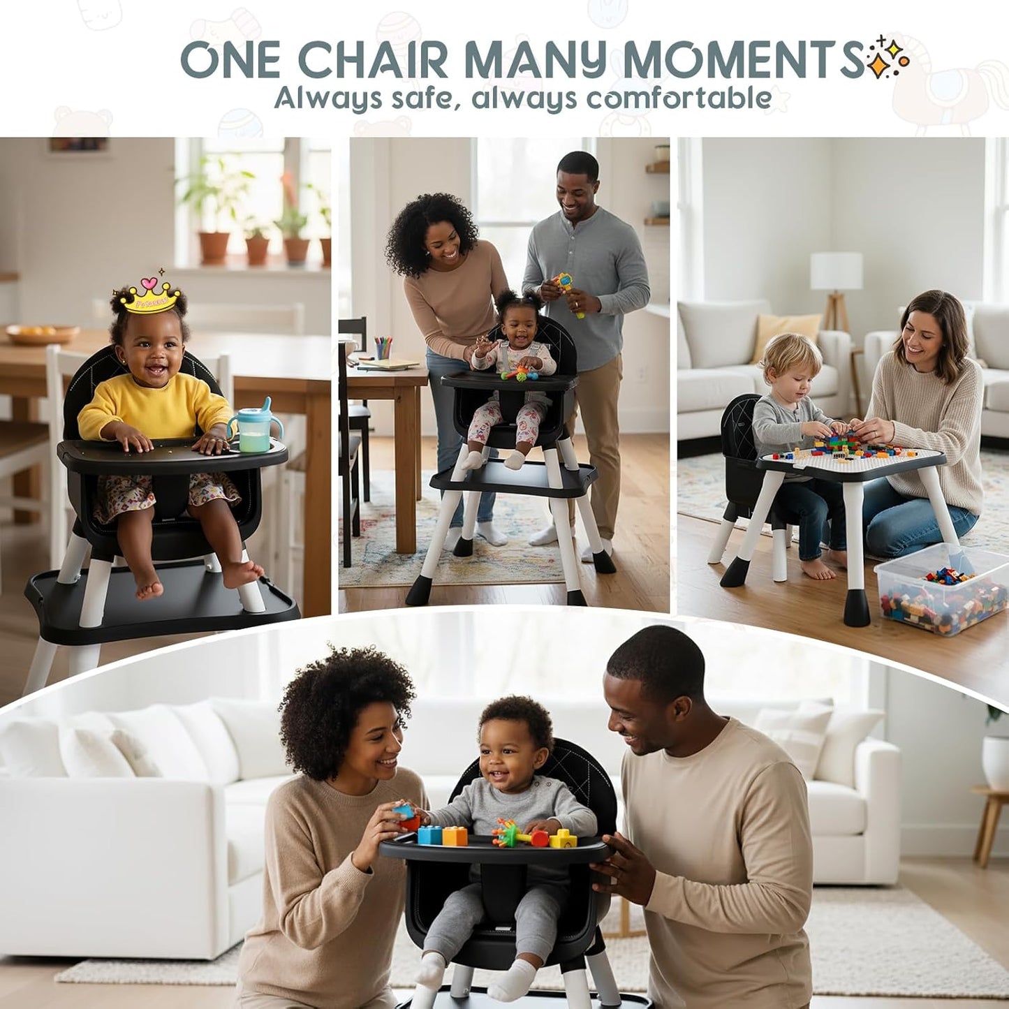 6 in 1 Baby High Chair, Convertible Highchair for Babies and Toddlers (Black)