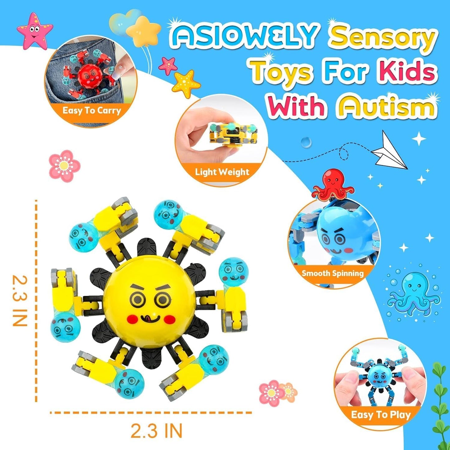 Transformable Fidget Spinner Toys for Kids and Adults,2 PCS Finger Sensory Toy for Boys Girls Autism ADHD Relief,Gifts for Chrismas Birthdays Party Favors for Teens Travel Stocking Stuffers