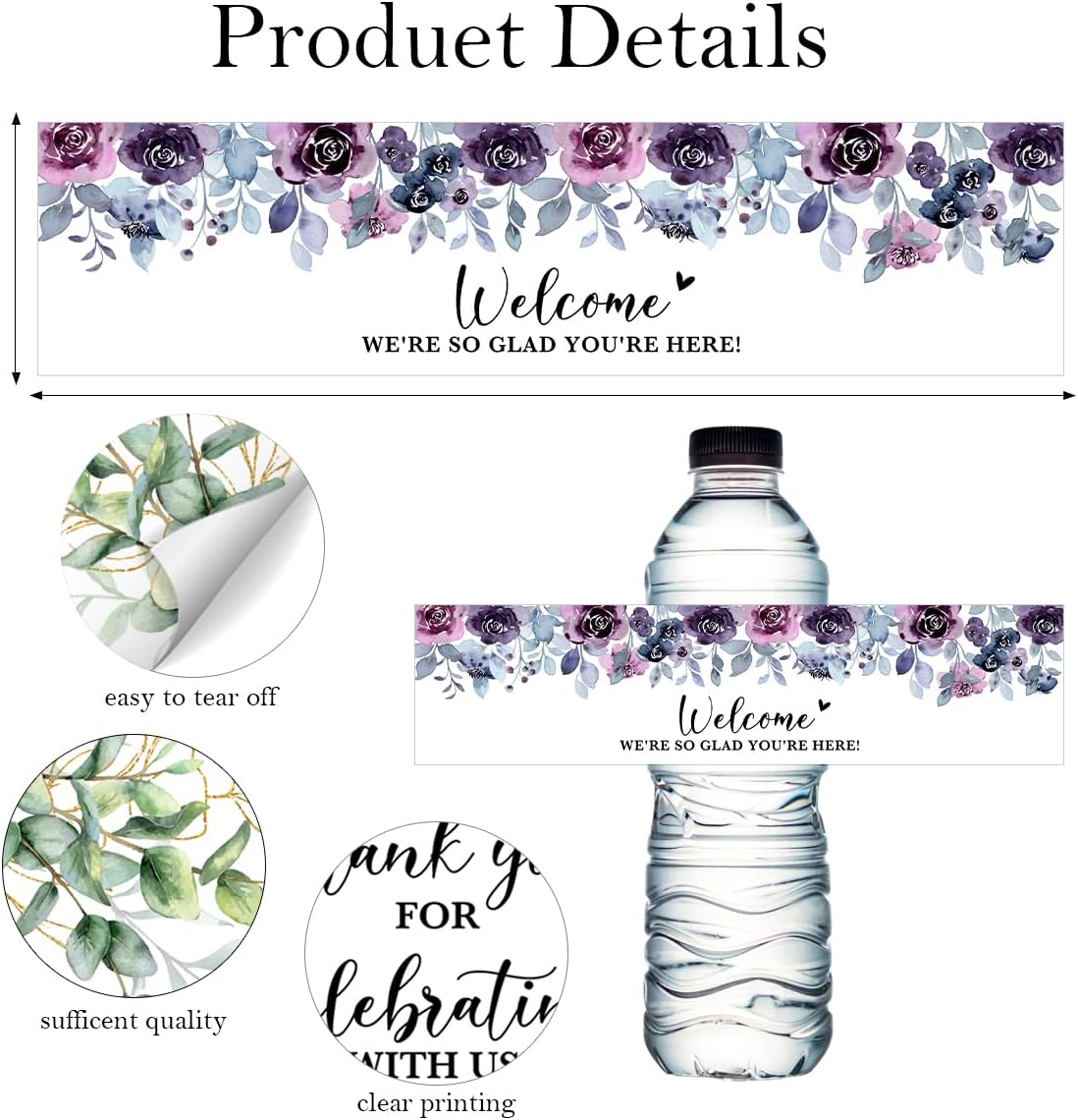100PCS Wedding Water Bottle Labels Waterproof Greenery Floral Wraps Sticker for Water Bottle Baby Shower Bottle Label for Bridal Shower Party Welcome A05