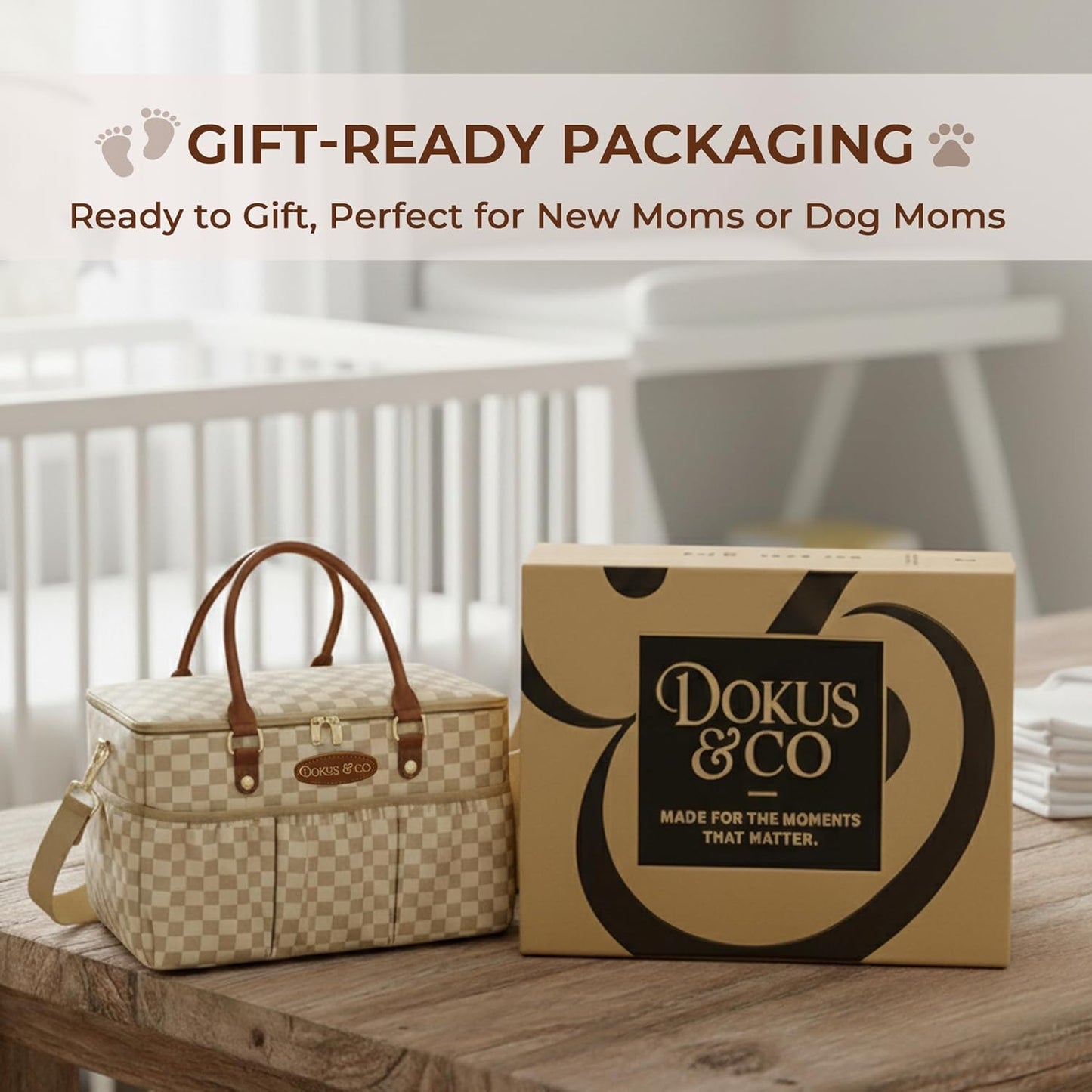 DOKUS & CO Luxe Diaper Tote, Extra-Large Collapsible Baby Caddy for Home, Travel & Car, Giftable Hospital-Ready Diaper Bag