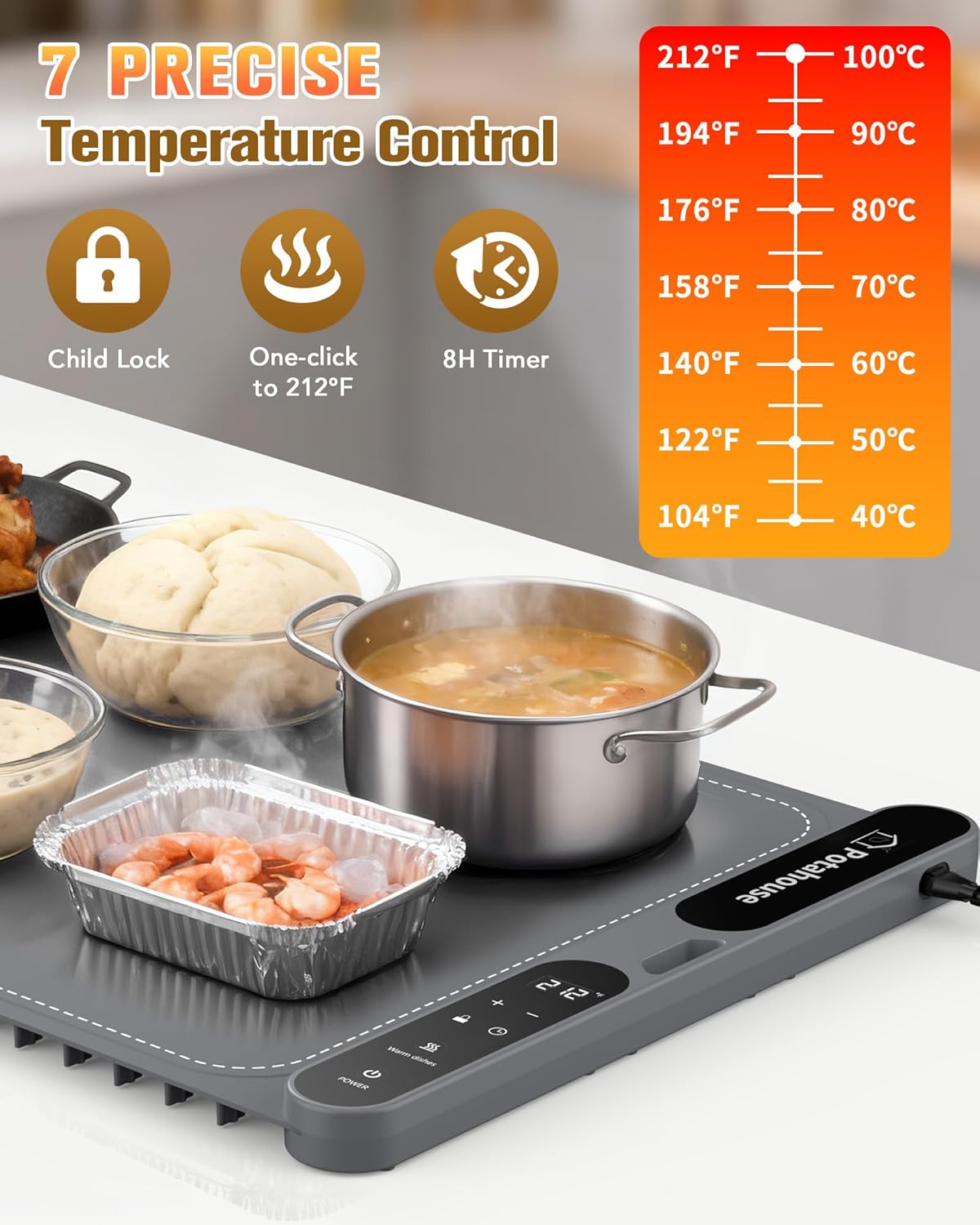 Potahouse® Food Warming Mat Extra Large 40"x15" 550W,Electric Warming Tray with 7 Temp 8 Timer Settings,Rollable & Portable Food Warmer for Parties,Buffet,Home and Travel Use