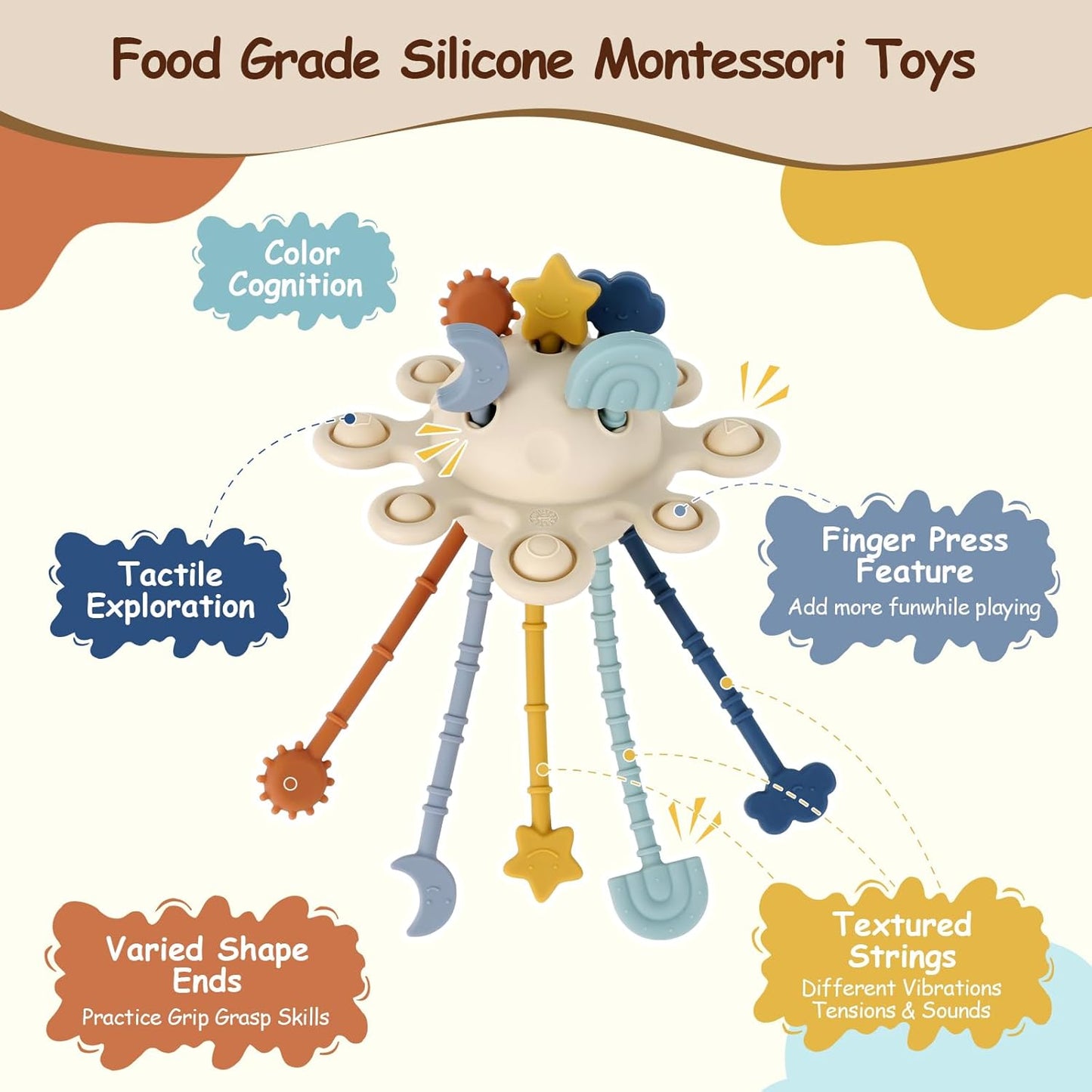 TYRY.HU Baby Gift Set,Montessori Learning Toys Set- Silicone Sensory Toys,Baby Teether Ball with Rattle,Soft Baby Book with Teether Ring & Crinkle Paper,Baby Tissue Box Toy,Milestone Cards,5 PCS