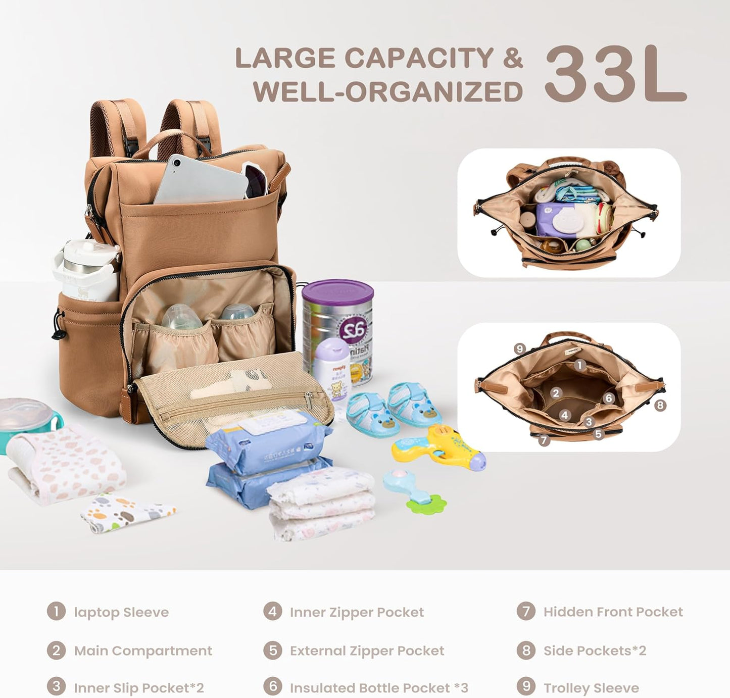 VONAL Neoprene Diaper Bag Backpack with Changing Pad, 33L Large Capacity Neoprene Backpack Baby Diaper Bag with Insulated Pockets, Travel Diaper Backpack Baby with 12 Pockets for Mom & Dad, Brown