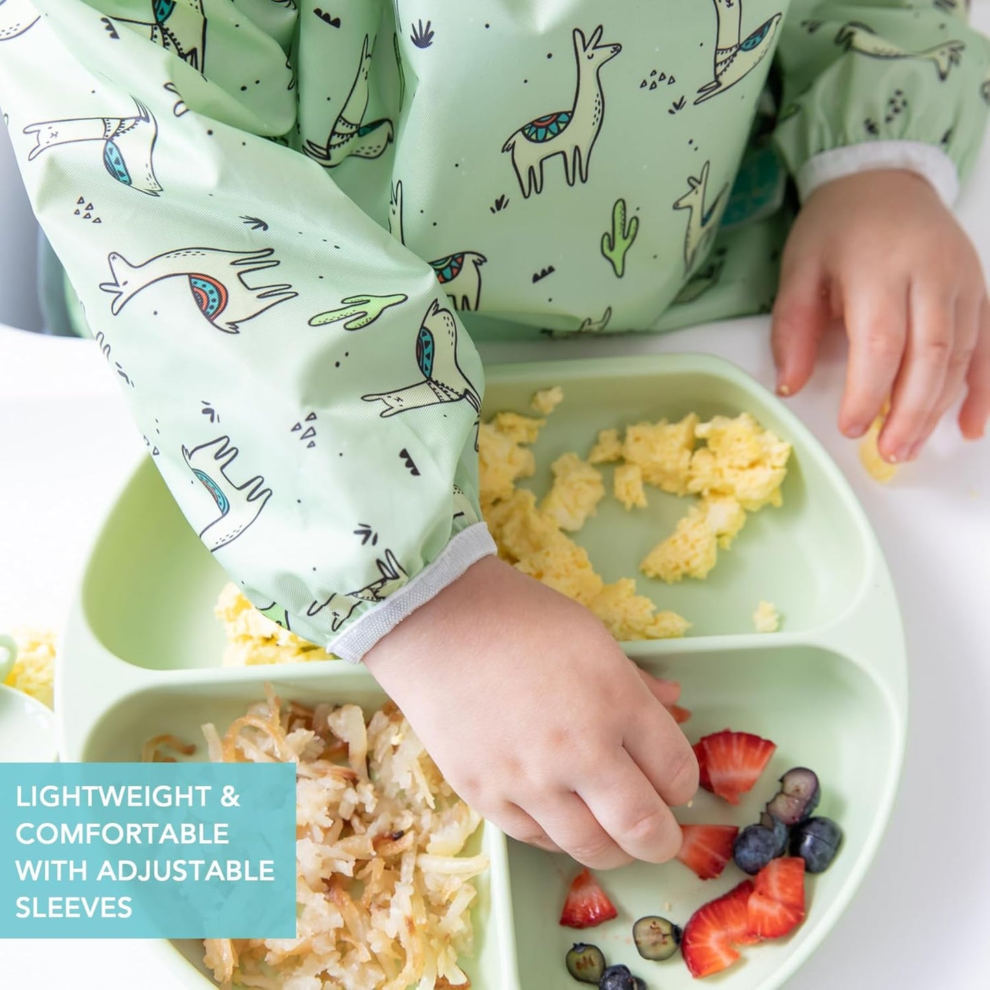 Bumkins Sleeved Bib for Girl or Boy, Baby and Toddler for 6-24 Mos, Essential Must Have for Eating, Feeding, Baby Led Weaning Supplies, Long Sleeve Mess Saving Food Catcher, Soft Fabric, Llama Green