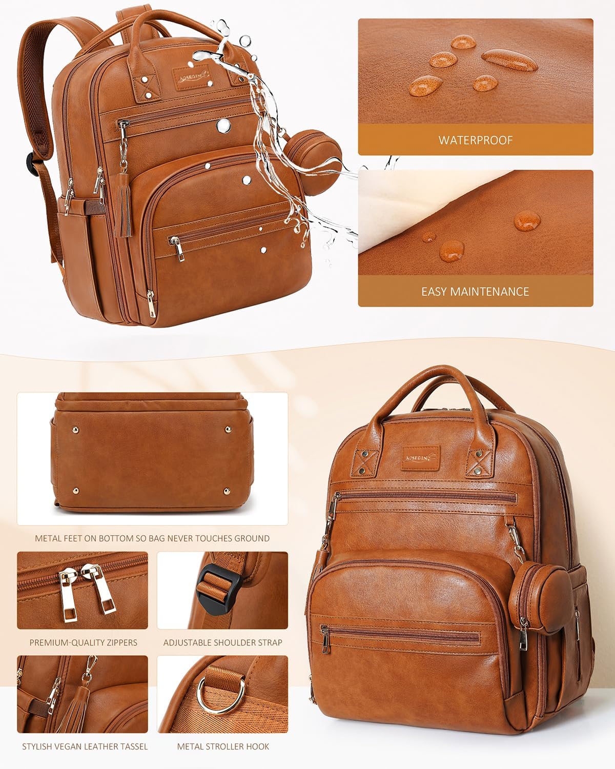 Premium Vegan Leather Diaper Bag Backpack with Waterproof Changing Pad, Reinforced Zippers & Odor-Free, 20 Pockets Pro Organizer, Fits 15.6" Laptop, Stroller Straps, Baby Bag for Mom, Brown