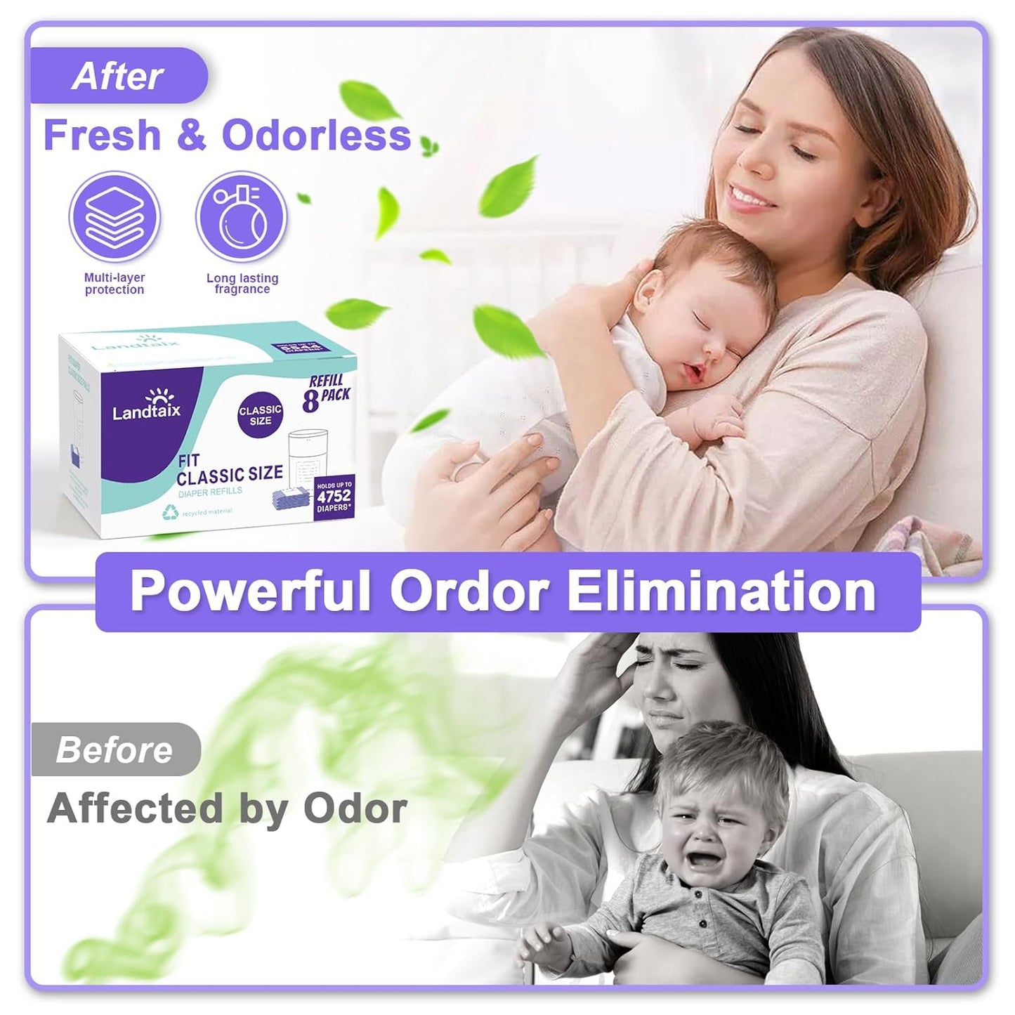 Refills Compatible with Dekor Classic Diaper Pail Refills | 8 Count for 4752 Diapers(Extra 20% Lengths) Diaper Pail Bags with Extra 30% Thickness Powerful Odor Eliminate Lavender Scent for Baby/Adult