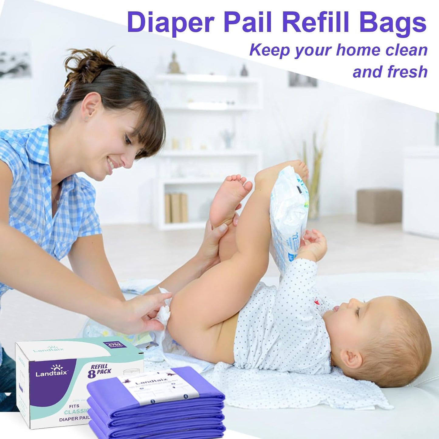 Refills Compatible with Dekor Classic Diaper Pail Refills | 8 Count for 4752 Diapers(Extra 20% Lengths) Diaper Pail Bags with Extra 30% Thickness Powerful Odor Eliminate Lavender Scent for Baby/Adult