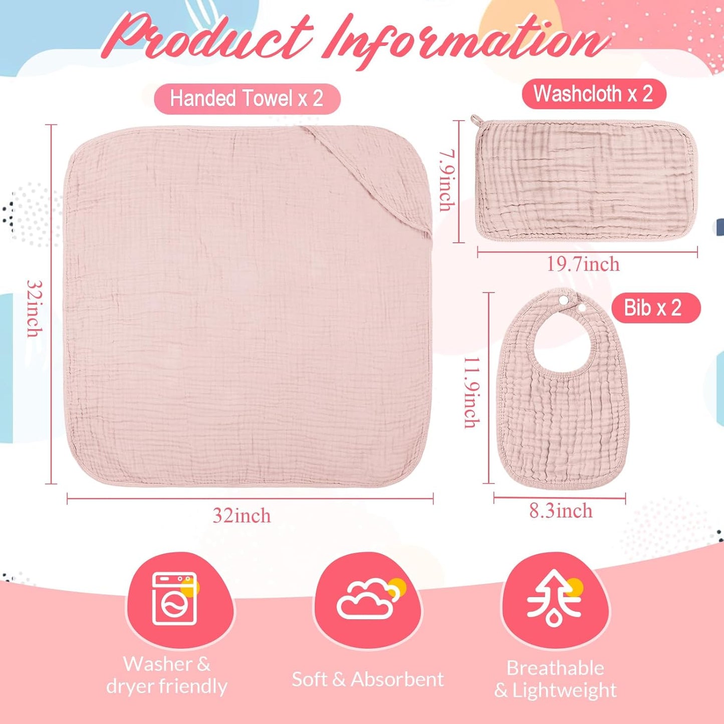 6 Pcs Muslin Hooded Bath Towels Washcloths and Bibs Set, Muslin Cotton Baby Towels Absorbent Hooded Blanket Towel Infant Bibs for Boys Girls Newborn Infant Essentials(Pink, Light Pink)