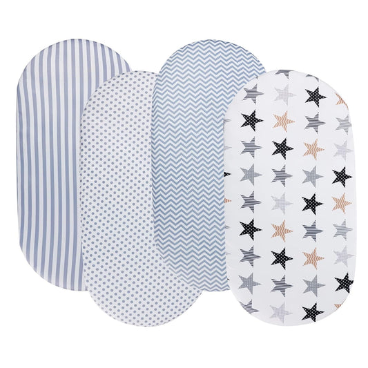 Onacosht Bassinet Sheets for Baby Boy and Girl, Stretchy Breathable Fitted Sheet Universal for Bassinet Cradle Hourglass Oval Rectangle Pad/Mattress, 4 Pack Stripes Dots Chevrons and Stars ﻿