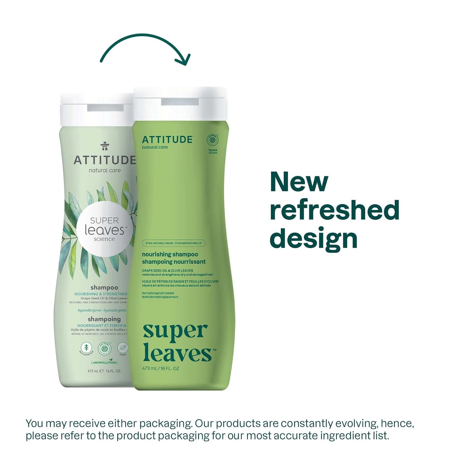 ATTITUDE Nourishing Hair Shampoo, EWG Verified, For Dry and Damaged Hair, Naturally Derived Ingredients, Vegan and Plant Based, Grapeseed Oil and Olive Leaves, 16 Fl Oz