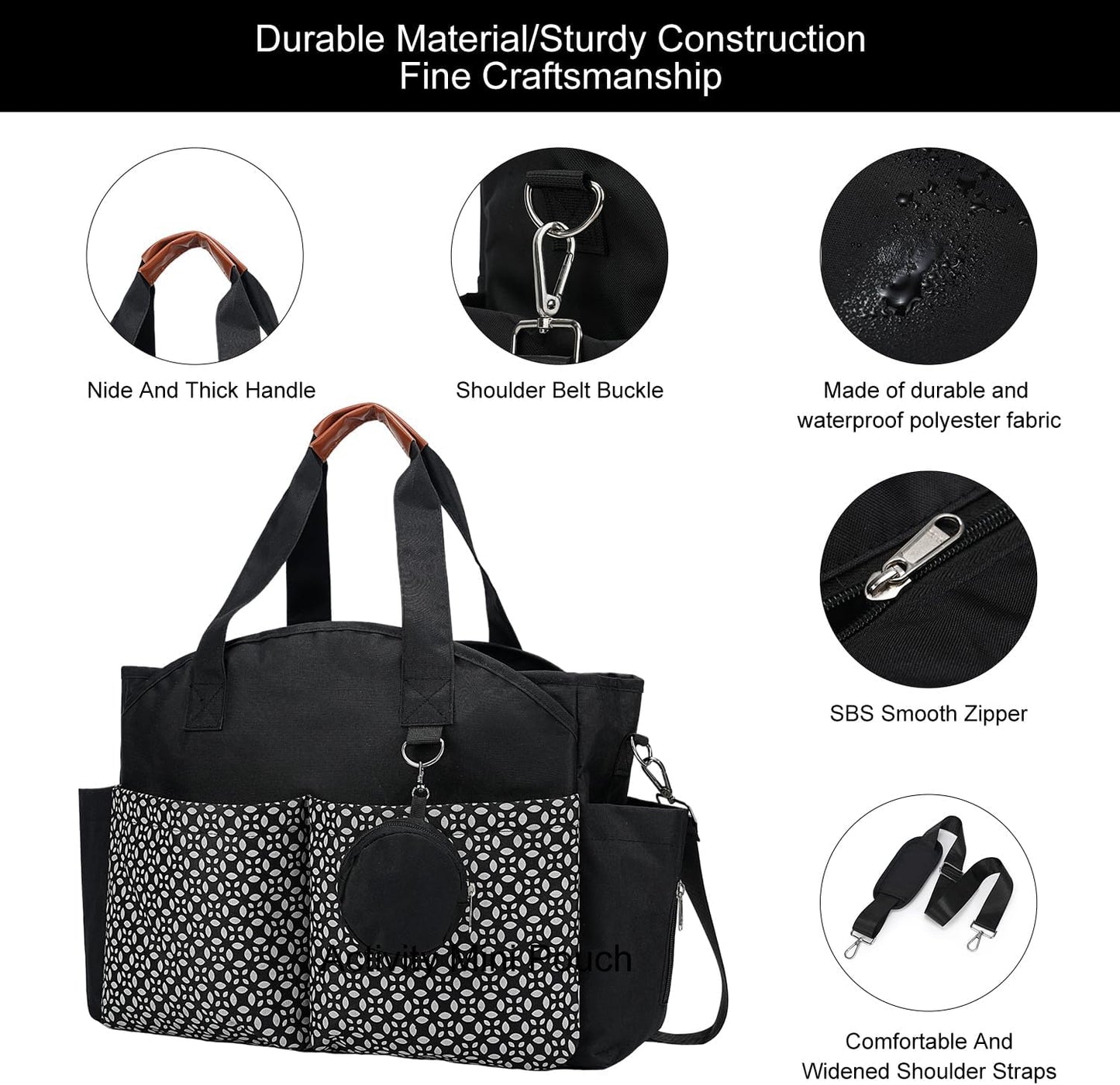 Diaper Bag Tote, Large Capacity Travel Diaper Baby Bags Crossbody Hospital Mom Bag，with Silicone Pacifier Case
