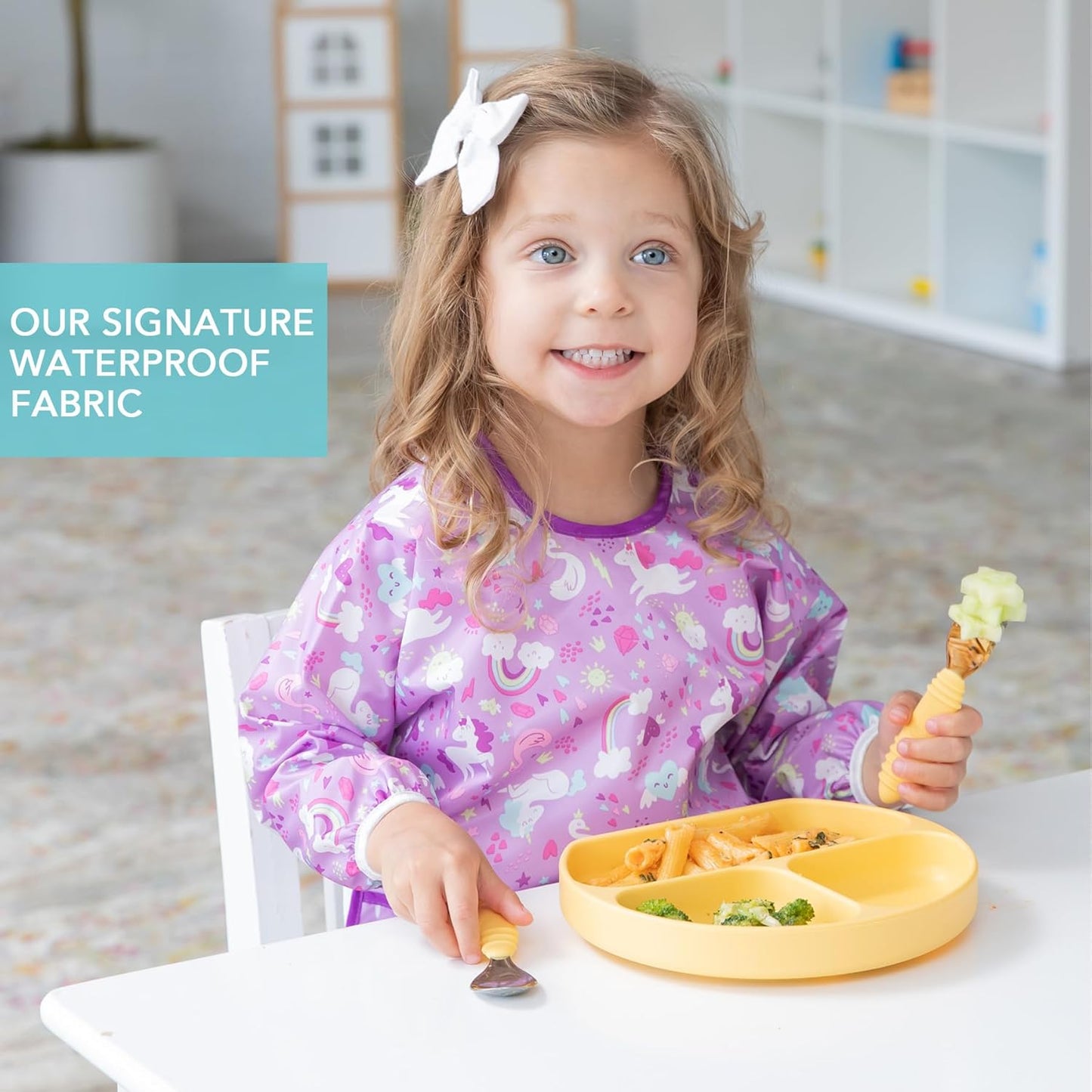Bumkins Sleeved Bib, Waterproof Fabric, Unicorns & Rainbows, 2-pack