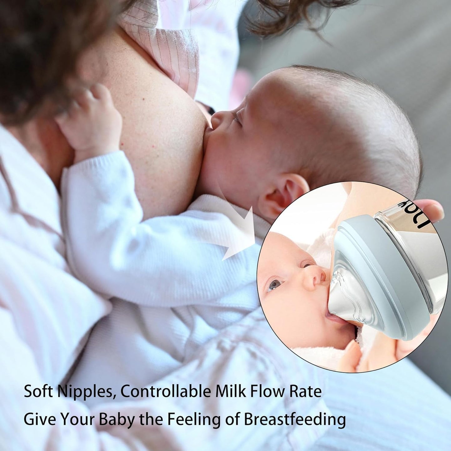 Natural Glass Baby Bottle for Breastfeeding Babies, 3oz Newborn Anti-Colic Baby Bottle with Slow Flow Nipples (SS), Clear, Wide Neck, 2 Pack, 0 Months+