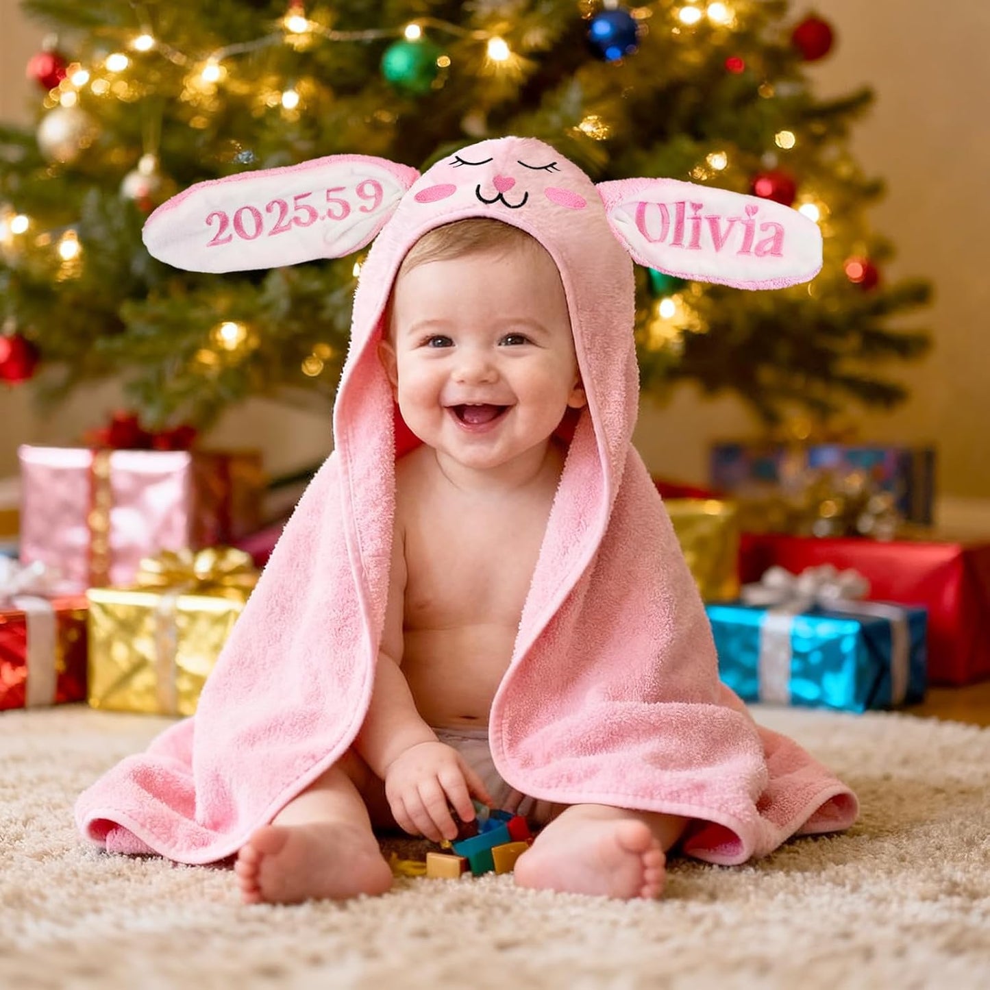 Custom Hooded Bath Towel with Name, Personalized Highly Absorbent Bunny Towels, Baby Bath Towels for Girls Boys, Brithday for Baby, Toddler, Newborn (Pink-Bunny)