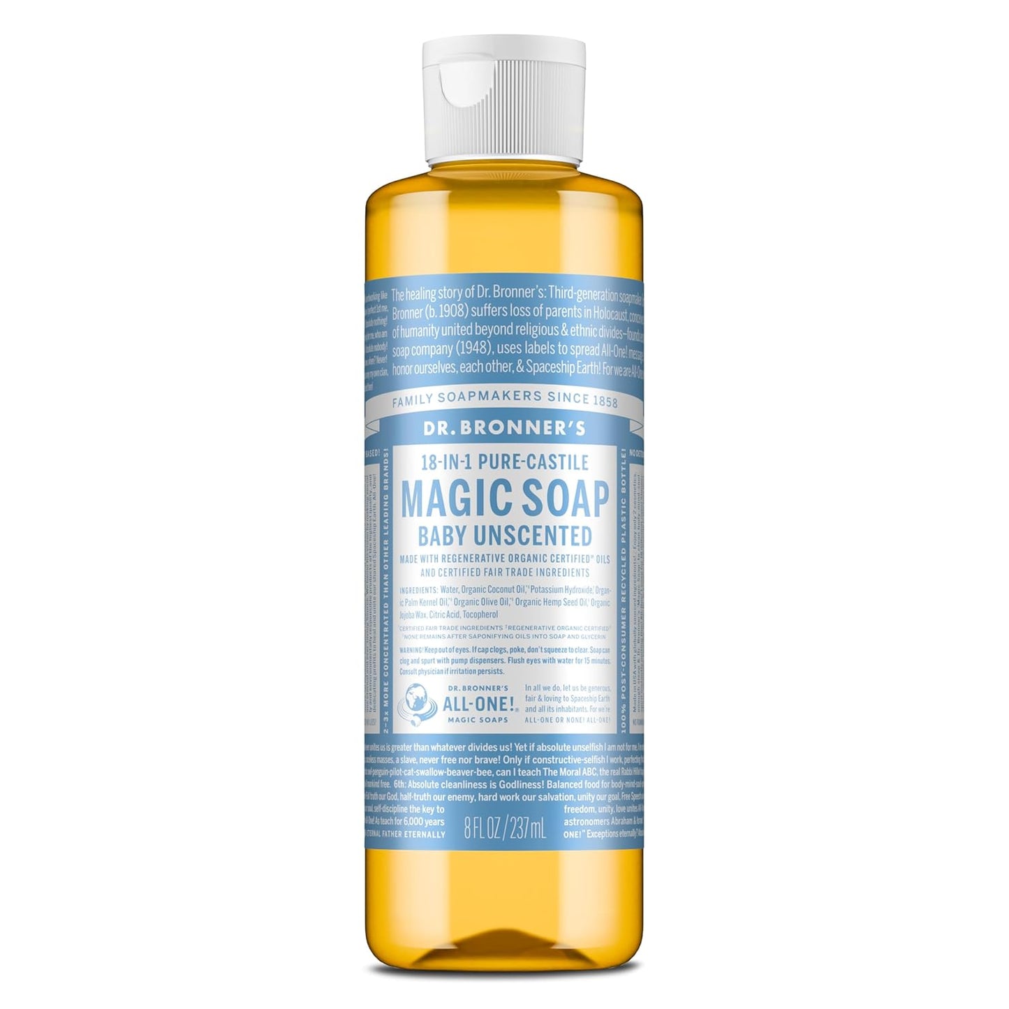 Dr. Bronner's Pure-Castile Magic Liquid Soap (Baby Unscented, 8 Ounce)- Made with Regenerative Organic Certified Oils, For Face, Body Wash, Baby Soap, Sensitive Skin, No Added Fragrance, Vegan