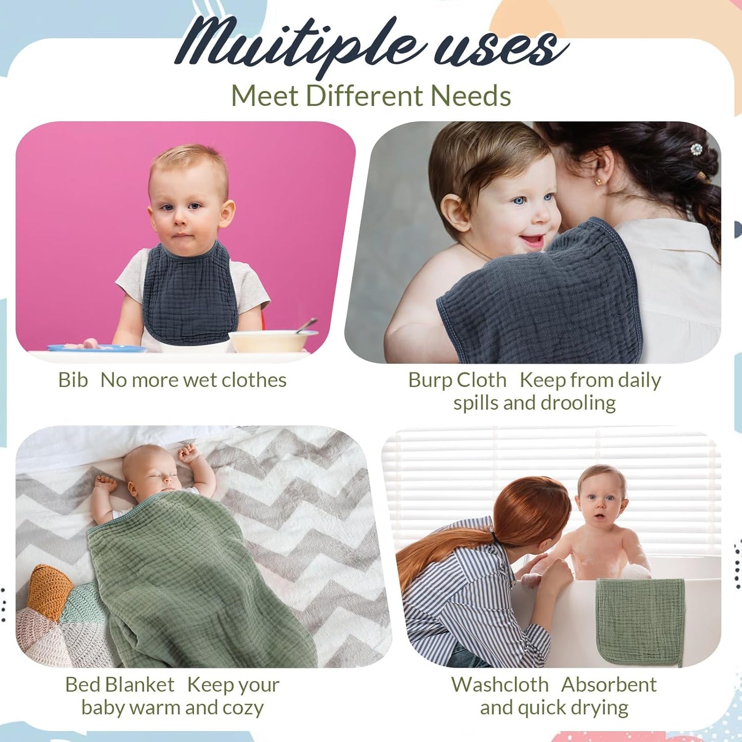 6 Pcs Muslin Hooded Bath Towels Washcloths and Bibs Set, Muslin Cotton Baby Towels Absorbent Hooded Blanket Towel Infant Bibs for Boys Girls Newborn Infant Essentials(Blue, Green)